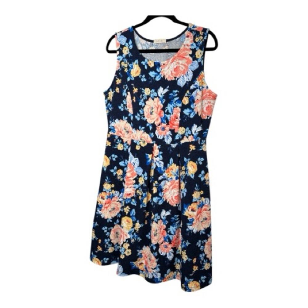 Gilli Blue Pink Floral Sleeveless A Line Dress 2X